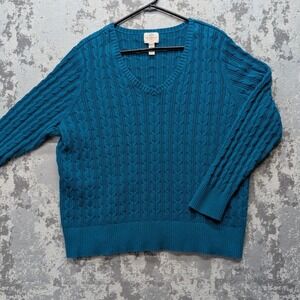 St Johns Bay Womens 3X Teal Blue Cable Knit V-Neck Cotton Blend Sweater Pullover
